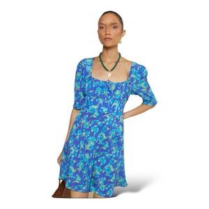 RIXO  Lilita Cobalt Blue Floral‎ Print Silk Mini Dress short Sleeve Sz 6